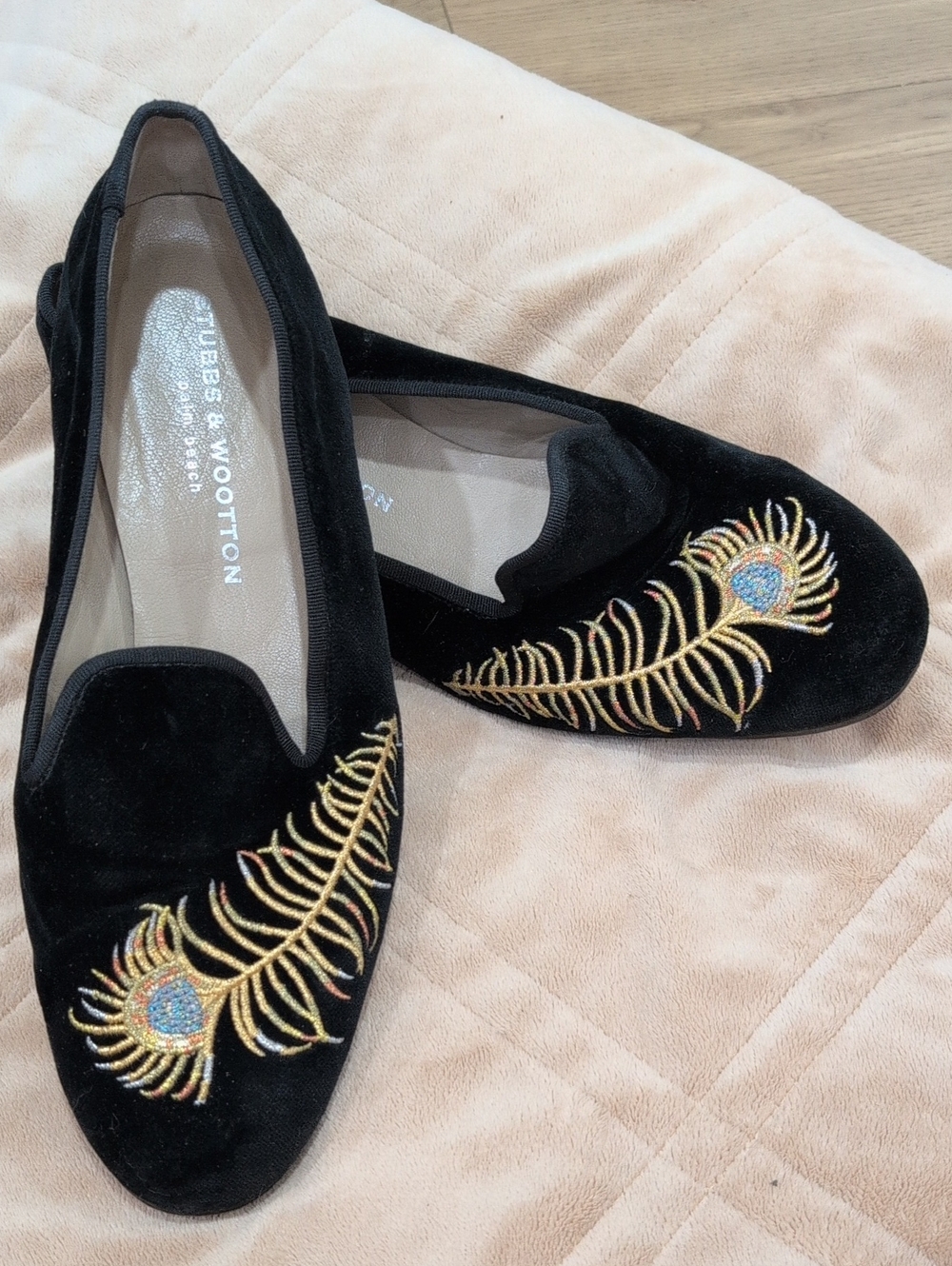 Stubbs & Wootton Black Velvet Loafers with Gold Peacock Embroidery